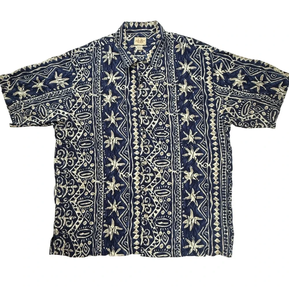 Linguine and‎ Bob Mens Large Rayon Button Down Shirt Navy Tribal Geometric Print